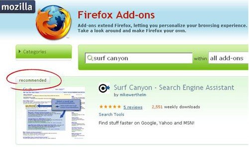 Surf Canyon “Recommended” on Mozilla