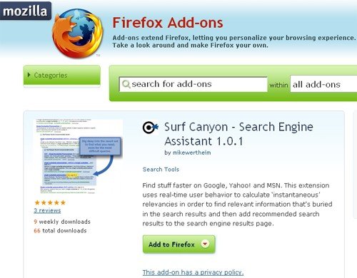 Surf Canyon Download page on Mozilla