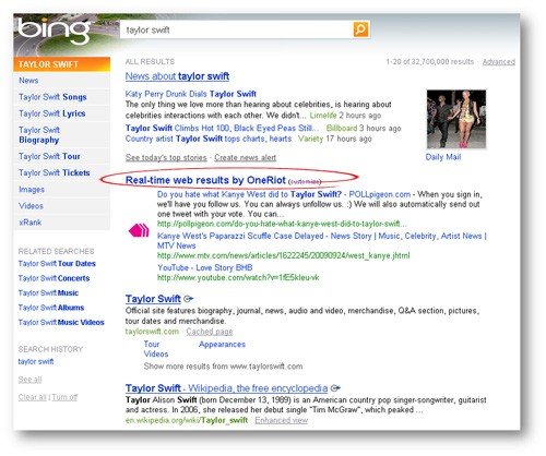 Bing search for Taylor Swift with OneRiot