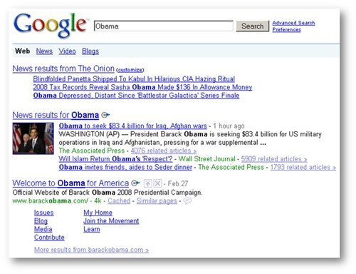 The Onion on results page for “Obama”